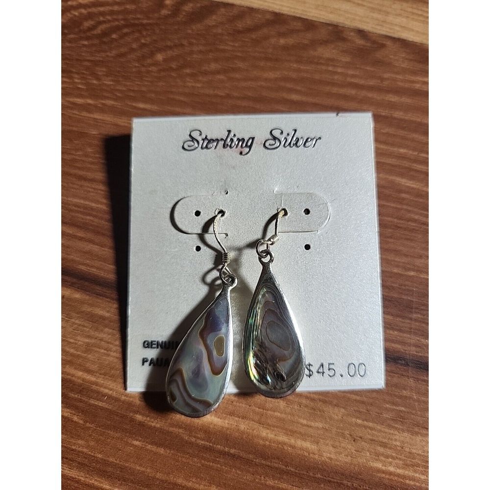 Vintage Paua Shell Sterling Silver Earrings Tear Drop Dangle Iridescent Shine